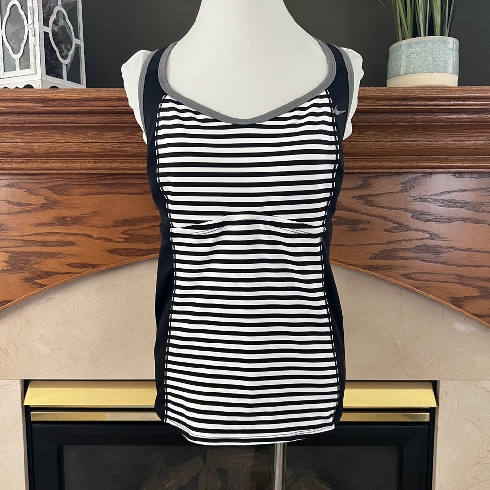 Nike Black‎ and White Striped Racerback Tankini Swim Top Size Medium